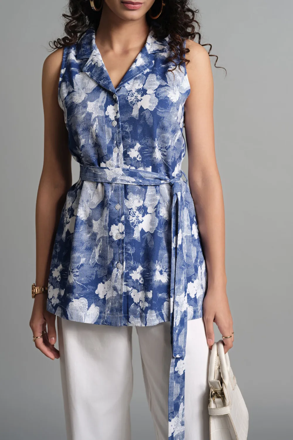 Sleeveless Blooms In Blues Top